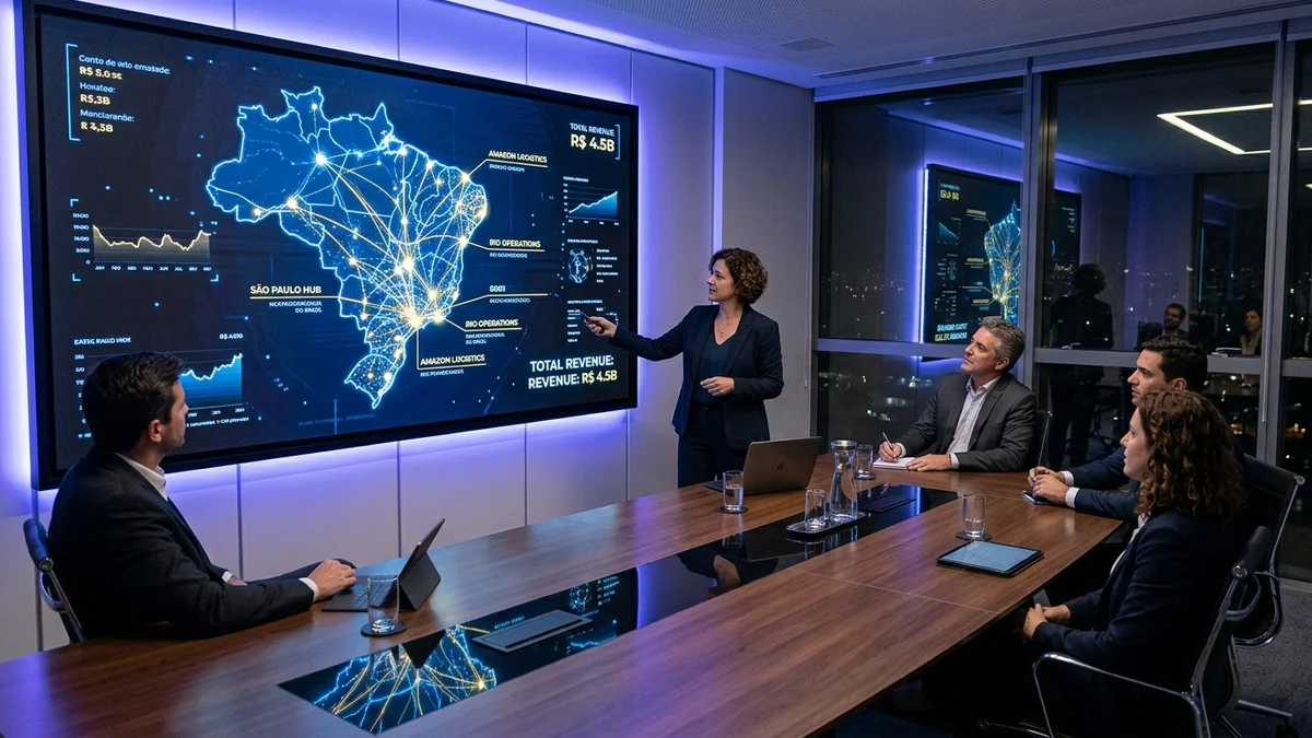 Reunião executiva em sala de conferência com mapa digital do Brasil e polos econômicos conectados por IA
