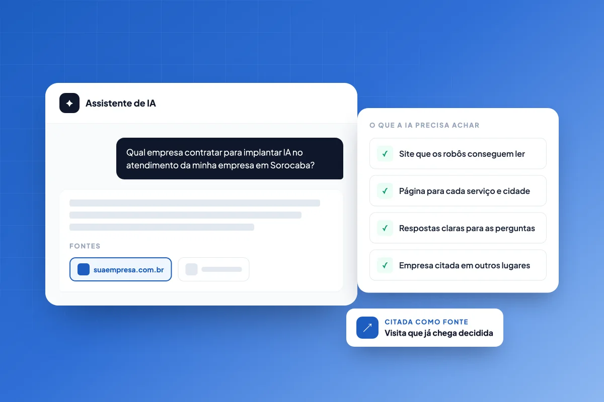 Assistente de IA respondendo qual empresa contratar e citando o site da empresa como fonte