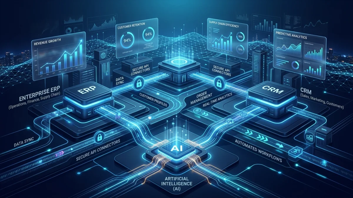 Infraestrutura de servidores e painéis conectando sistemas de gestão empresarial ERP e CRM com inteligência artificial