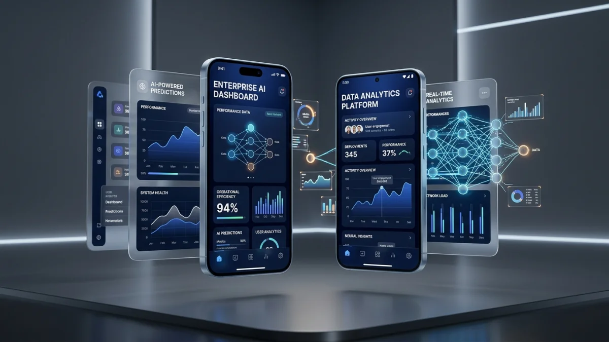 Dispositivos móveis com dashboards e telas de aplicativos inteligentes integrados com inteligência artificial