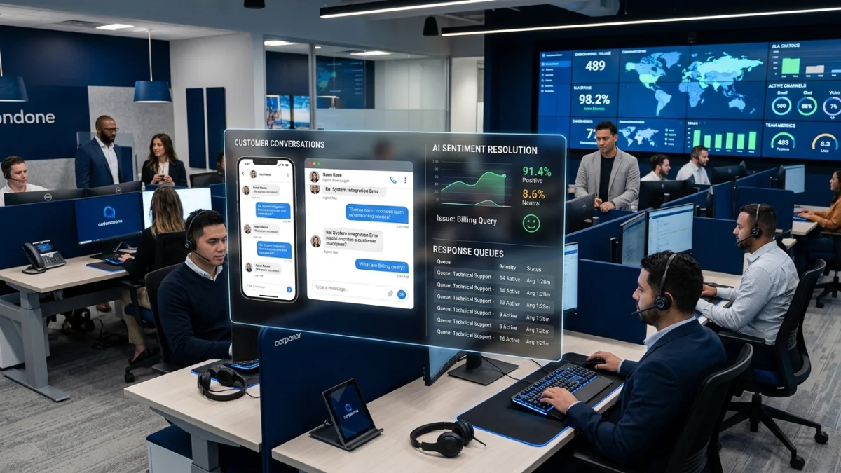 Central de atendimento corporativa moderna com operadores e métricas holográficas de suporte ao cliente com inteligência artificial