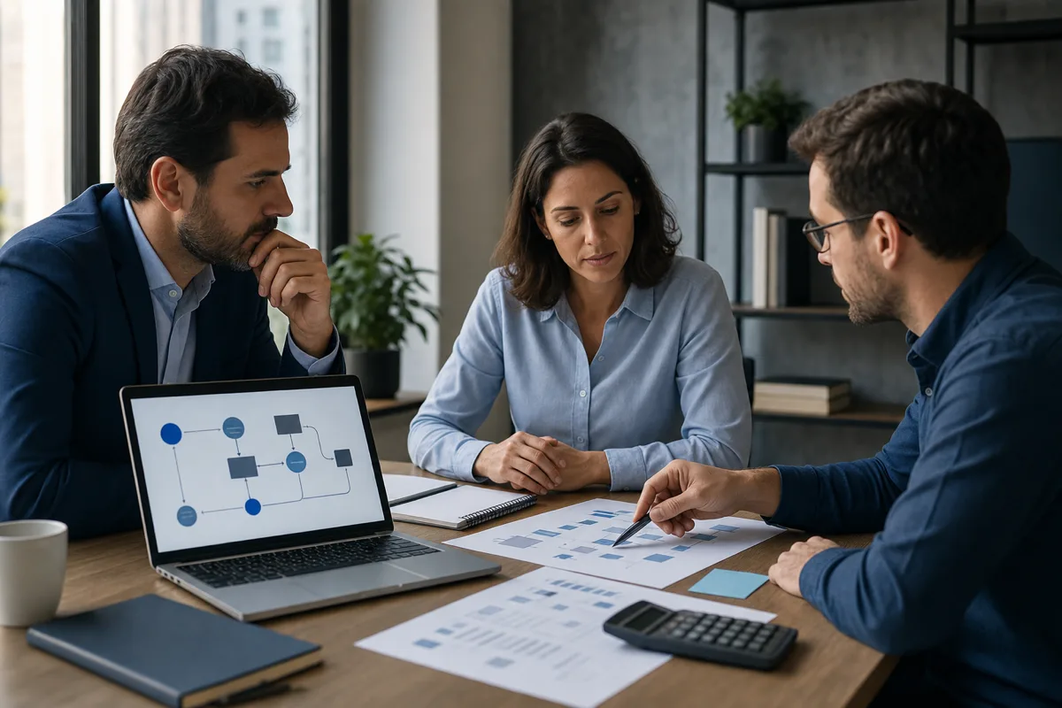 Gestores avaliando custo e escopo de automação de processos empresariais com IA