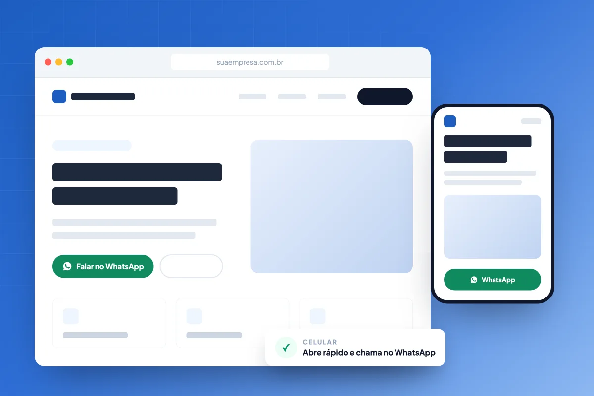 Site profissional de empresa aberto no computador e no celular, com botão de WhatsApp em destaque