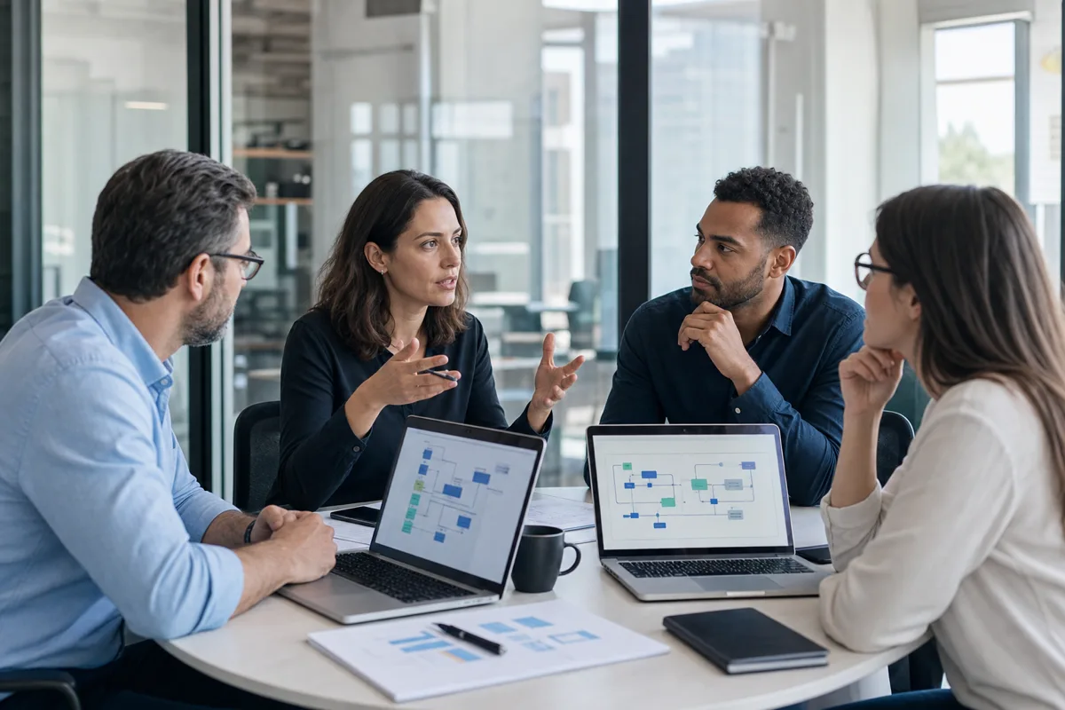 Lideranças avaliando software house e agência de IA para projeto empresarial